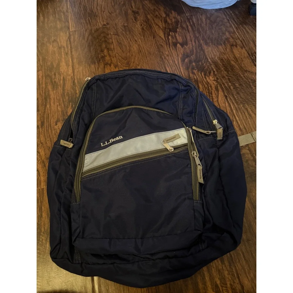 LL Bean Deluxe Book Pack Backpack Navy Blue Tan School Hiking Travel Bag